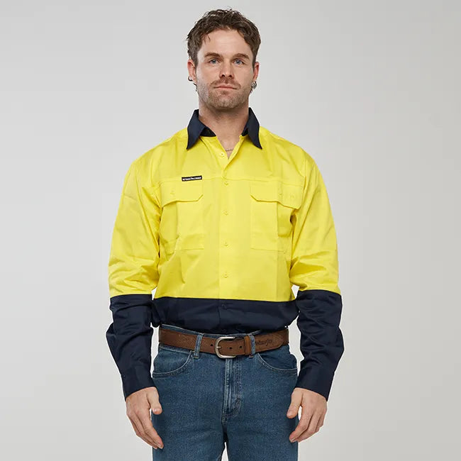 Barcoo Mens Hi Vis Long Sleeve Work Shirt - Yellow/Navy
