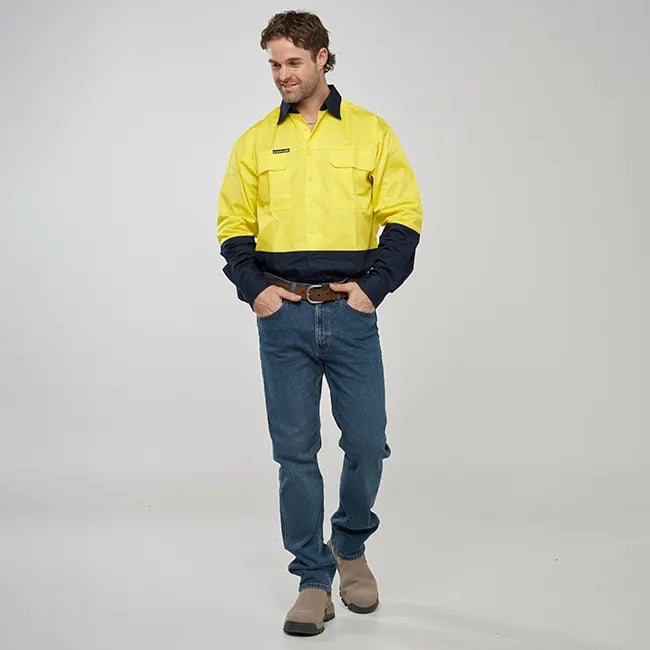 Barcoo Mens Hi Vis Long Sleeve Work Shirt - Yellow/Navy