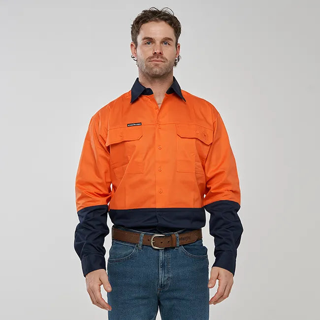 Barcoo Mens Hi Vis Long Sleeve Work Shirt - Orange/Navy