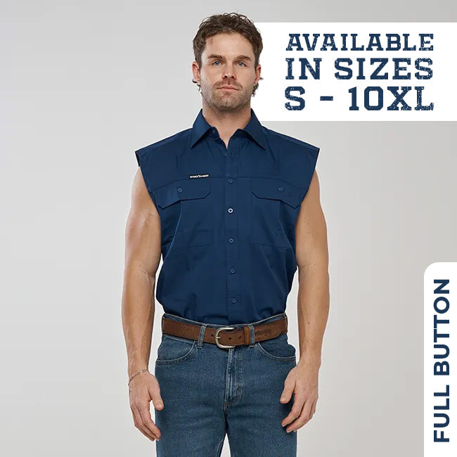 ESK MENS FULL BUTTON  SLEEVELESS WORK SHIRT NAVY