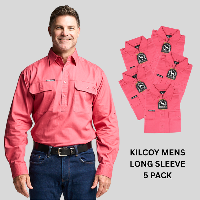 Kilcoy Mens Half Button Long Sleeve Work Shirt 5 Pack- HIBISCUS PINK