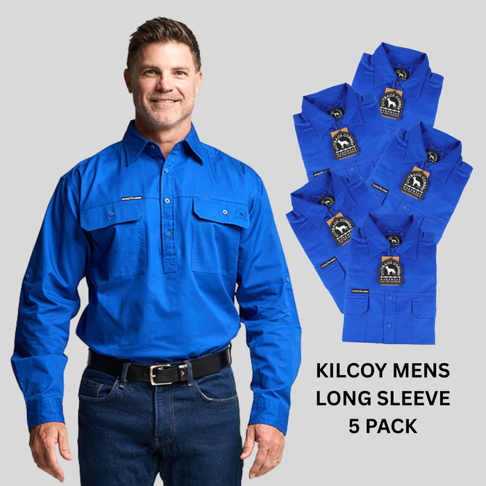 Kilcoy Mens Half Button Long Sleeve Work Shirt 5 Pack- ROYAL