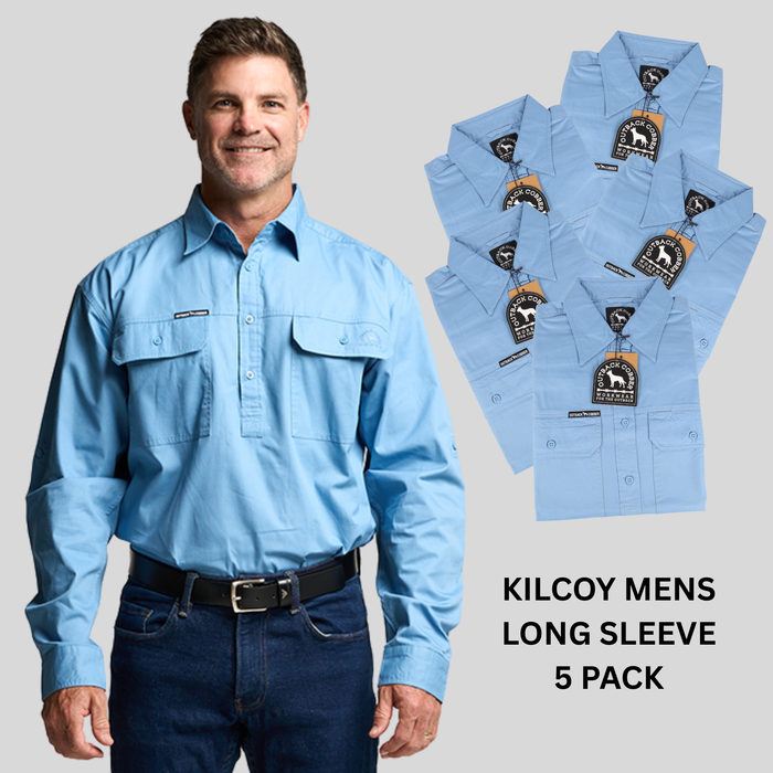Kilcoy Mens Half Button Long Sleeve Work Shirt 5 Pack- SKY BLUE
