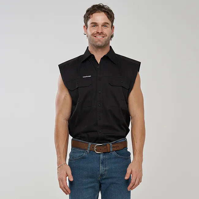 ESK MENS FULL BUTTON  SLEEVELESS WORK SHIRT BLACK