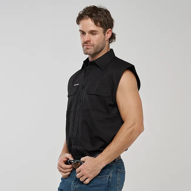 ESK MENS FULL BUTTON  SLEEVELESS WORK SHIRT BLACK