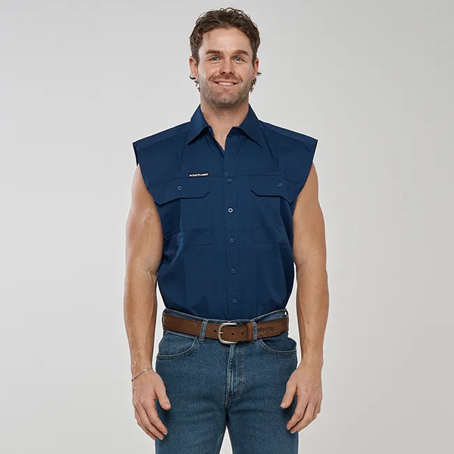ESK MENS FULL BUTTON  SLEEVELESS WORK SHIRT NAVY