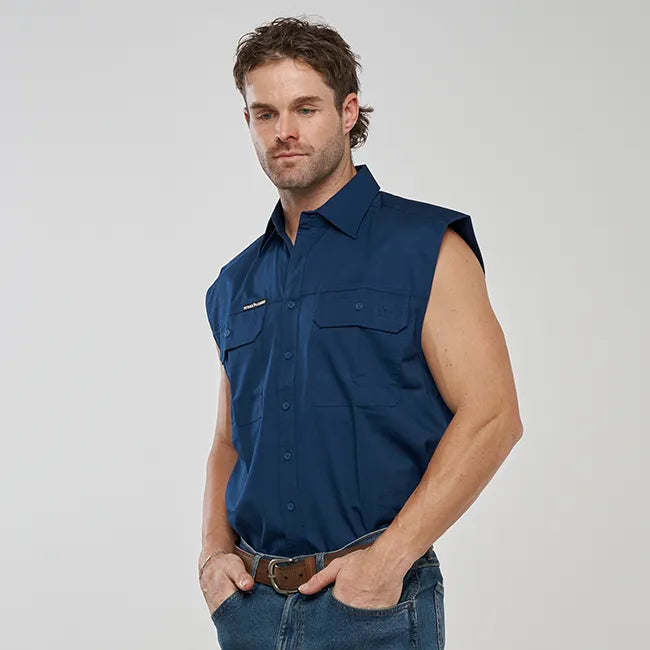 ESK MENS FULL BUTTON  SLEEVELESS WORK SHIRT NAVY