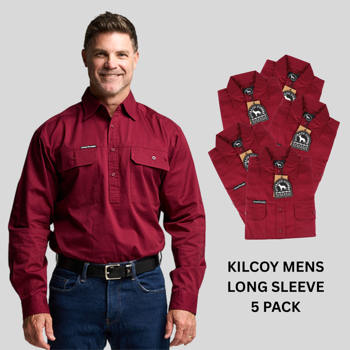 Kilcoy Mens Half Button Long Sleeve Work Shirt 5 Pack- BURGUNDY