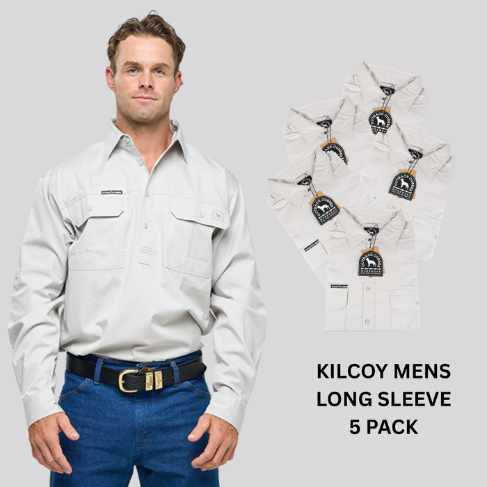 Kilcoy Mens Half Button Long Sleeve Work Shirt 5 Pack- GHOST GUM GREY