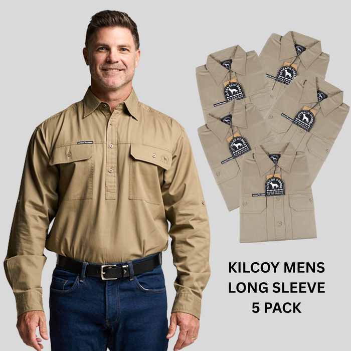 Kilcoy Mens Half Button Long Sleeve Work Shirt 5 Pack- KHAKI