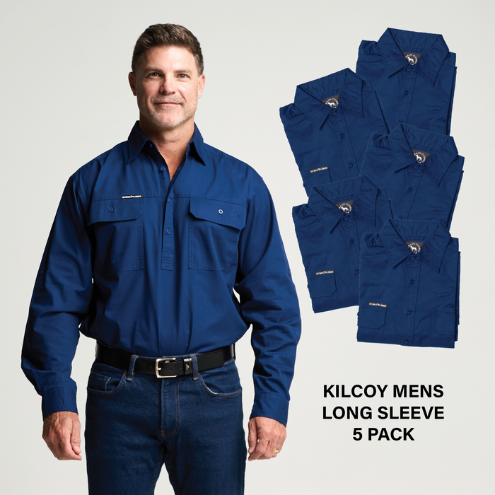 Kilcoy Mens Half Button Long Sleeve Work Shirt 5 Pack- NAVY
