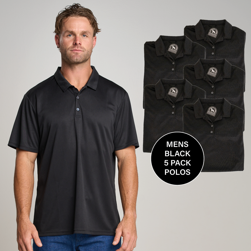 MENS S/S ACTIVE POLO SHIRT - 5PACK - BLACK