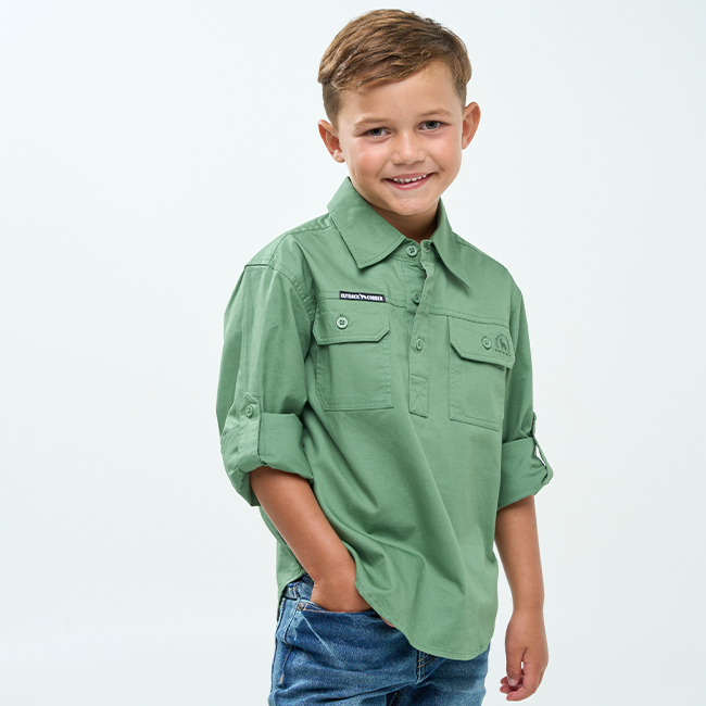 Hazeldean | Kids Half Button Long Sleeve Work Shirt - Gum Leaf Green