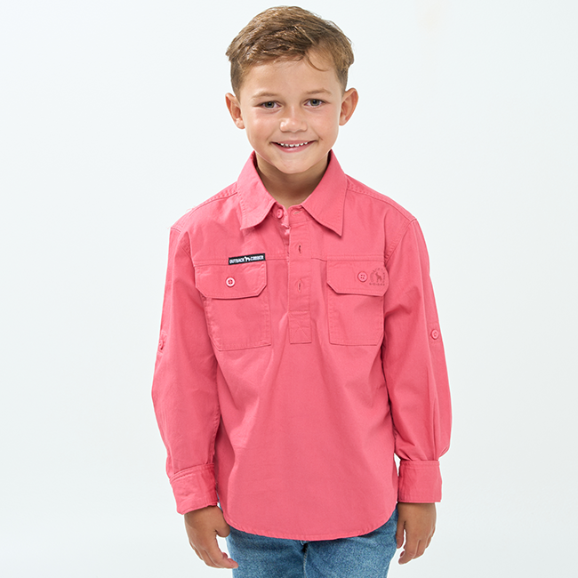 Hazeldean | Kids Half Button Long Sleeve Work Shirt - Hibiscus Pink