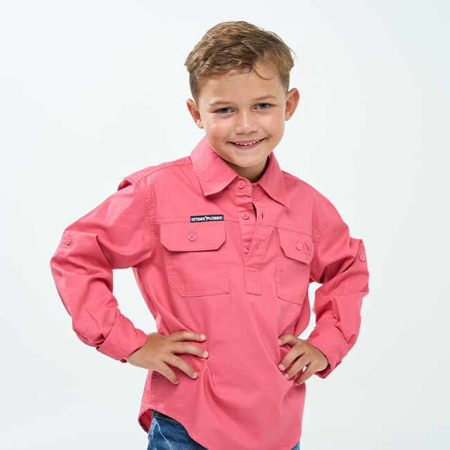 Hazeldean | Kids Half Button Long Sleeve Work Shirt - Hibiscus Pink