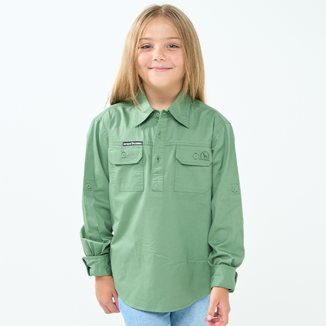 Hazeldean | Kids Half Button Long Sleeve Work Shirt - Gum Leaf Green
