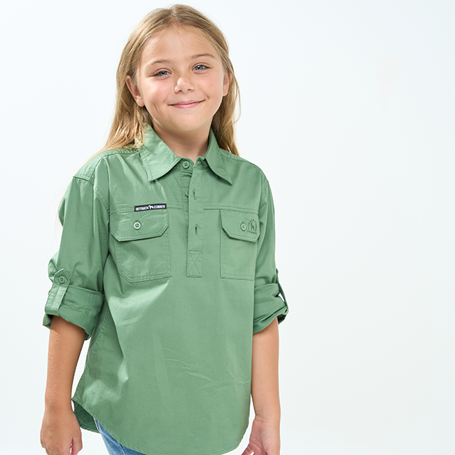 Hazeldean | Kids Half Button Long Sleeve Work Shirt - Gum Leaf Green
