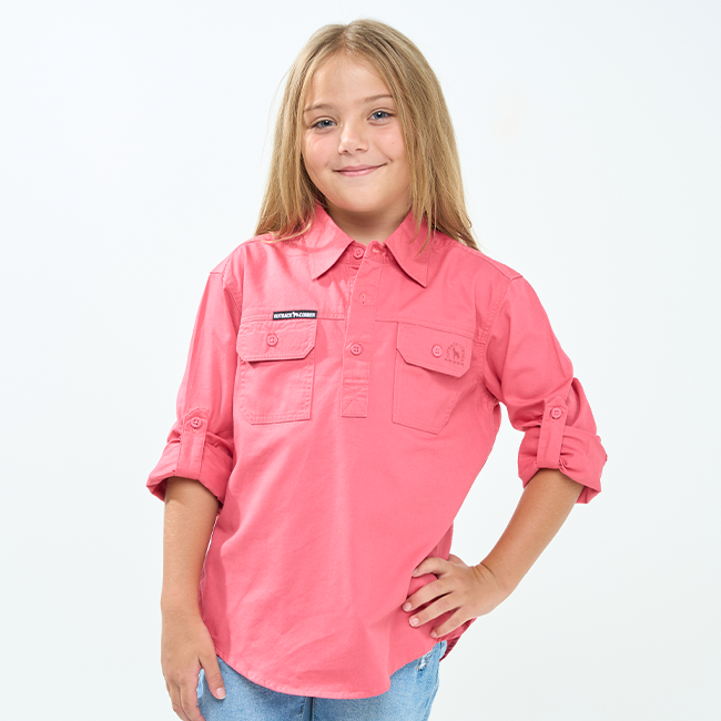 Hazeldean | Kids Half Button Long Sleeve Work Shirt - Hibiscus Pink