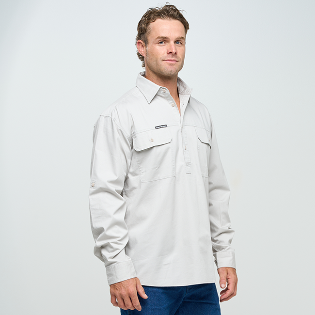 KILCOY | Mens Half Button Long Sleeve Work Shirt - Ghost Gum Grey