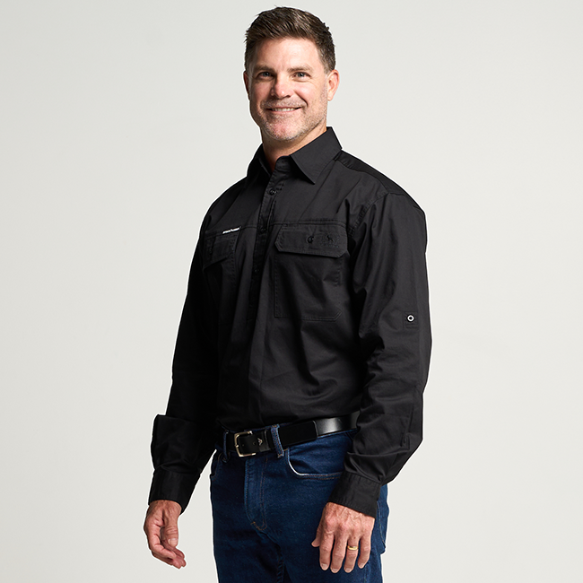 KILCOY | Mens Half Button Long Sleeve Work Shirt - Black