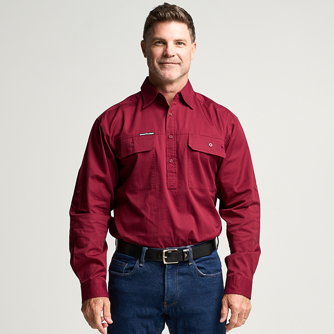 KILCOY | Mens Half Button Long Sleeve Work Shirt - Burgundy