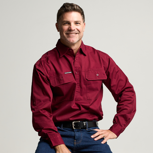 KILCOY | Mens Half Button Long Sleeve Work Shirt - Burgundy