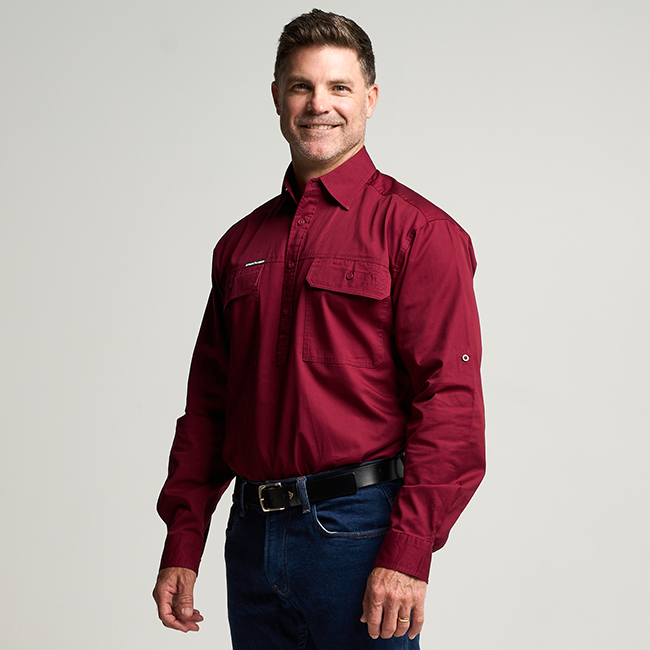KILCOY | Mens Half Button Long Sleeve Work Shirt - Burgundy