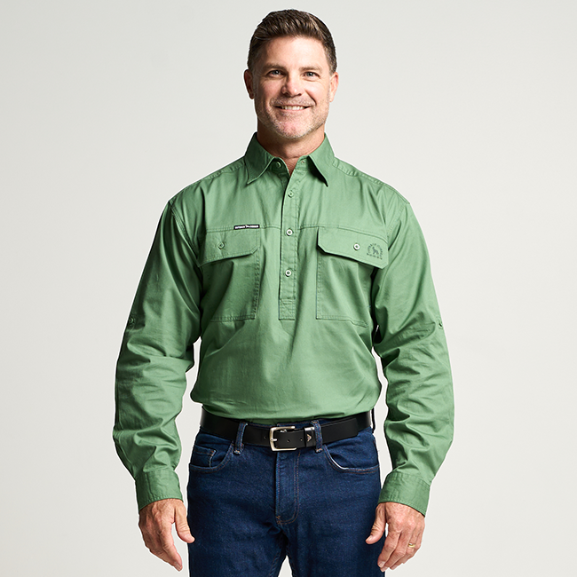 KILCOY | Mens Half Button Long Sleeve Work Shirt - Gum Leaf Green Outback Cobber KILCOY | Mens Half Button Long Sleeve Work Shirt - Gum Leaf Green Outback Cobber