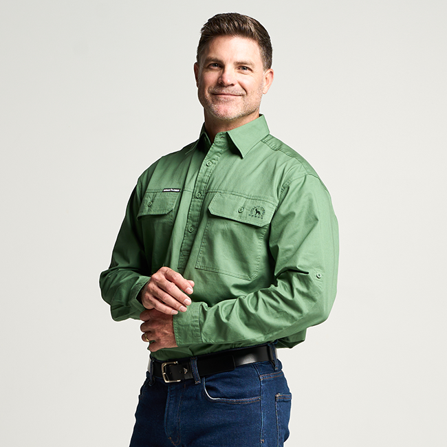 KILCOY | Mens Half Button Long Sleeve Work Shirt - Gum Leaf Green