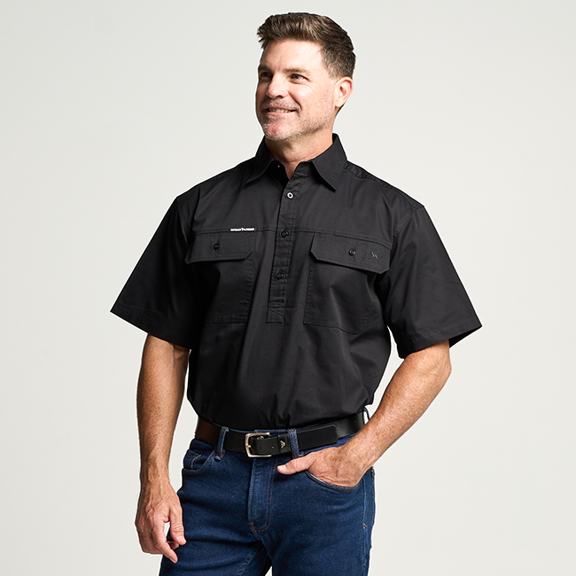 KILCOY | Mens Half Button Short Sleeve Work Shirt - Black