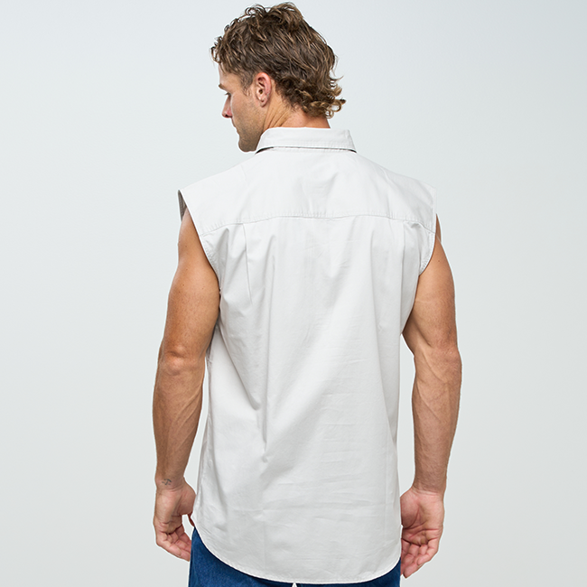 Kilcoy Mens Half Button  Sleeveless Work Shirt - Ghost Gum Grey