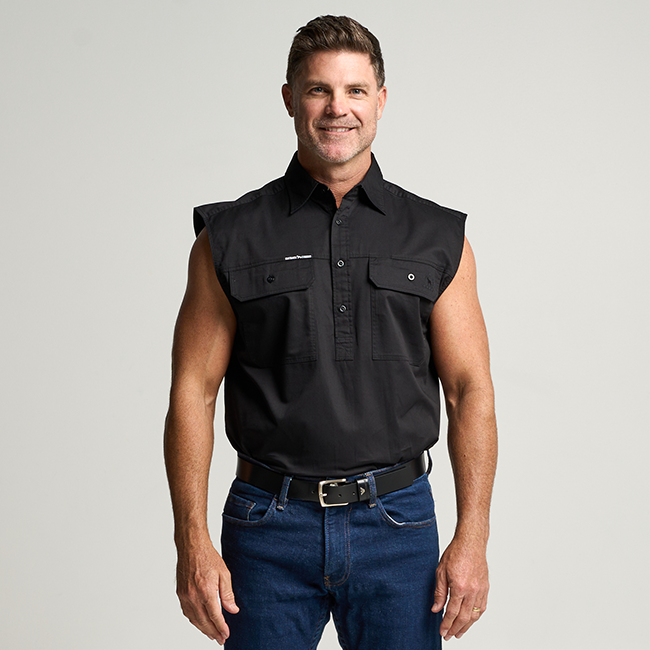 KILCOY | Mens Half Button Sleeveless Work Shirt - Black