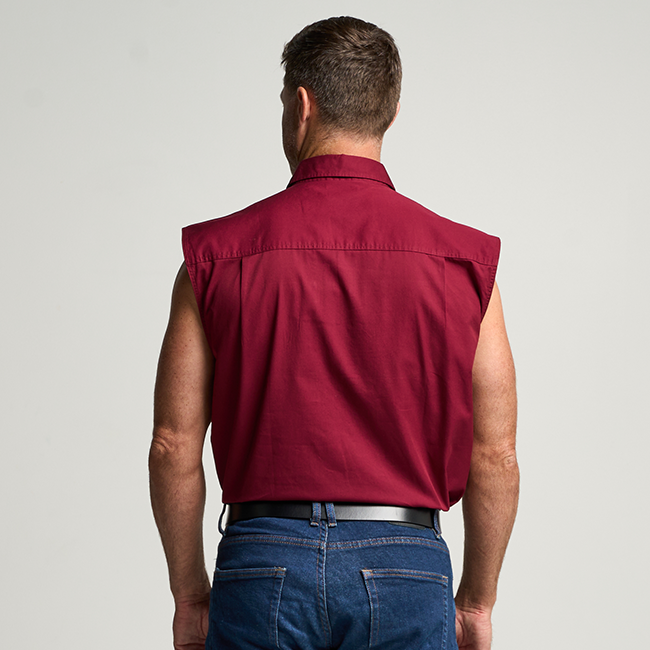KILCOY | Mens Half Button Sleeveless Work Shirt - Burgundy