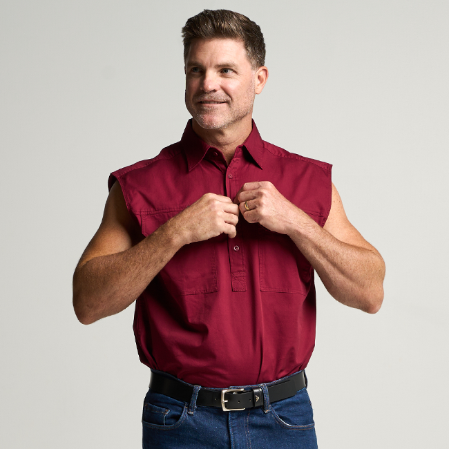 KILCOY | Mens Half Button Sleeveless Work Shirt - Burgundy