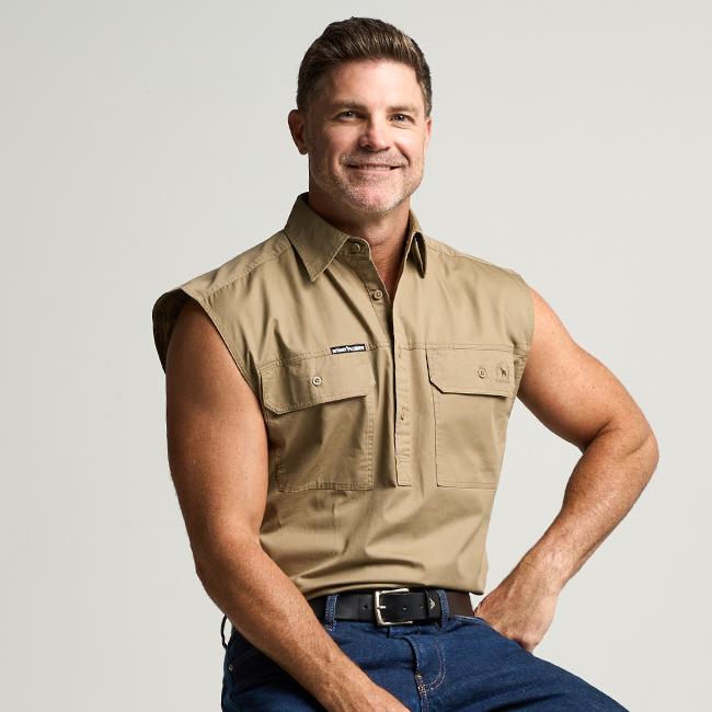 KILCOY | Mens Half Button Sleeveless Work Shirt - Khaki