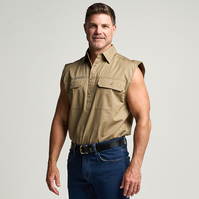 KILCOY | Mens Half Button Sleeveless Work Shirt - Khaki