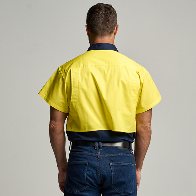 SHORTHORN | Mens Hi Vis Half Button Short Sleeve Work Shirt - Yellow / Navy