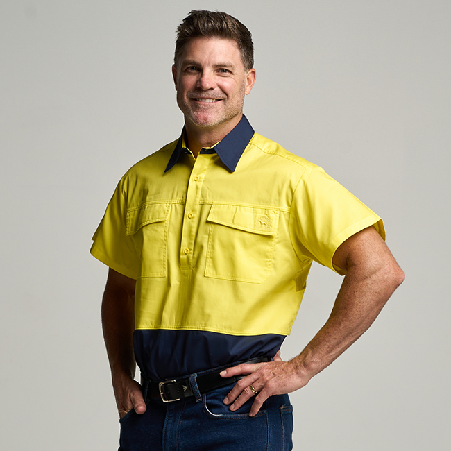 SHORTHORN | Mens Hi Vis Half Button Short Sleeve Work Shirt - Yellow / Navy