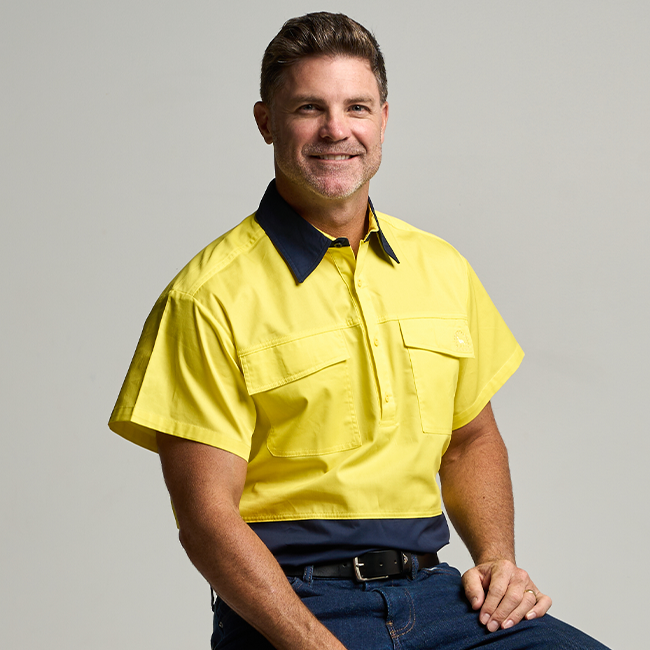 SHORTHORN | Mens Hi Vis Half Button Short Sleeve Work Shirt - Yellow / Navy