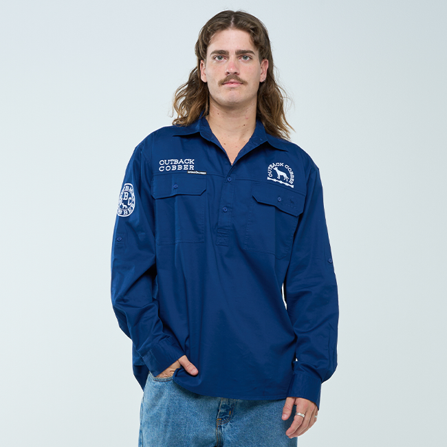 MURRAY | Mens Half Button Long Sleeve Work Shirt - Navy