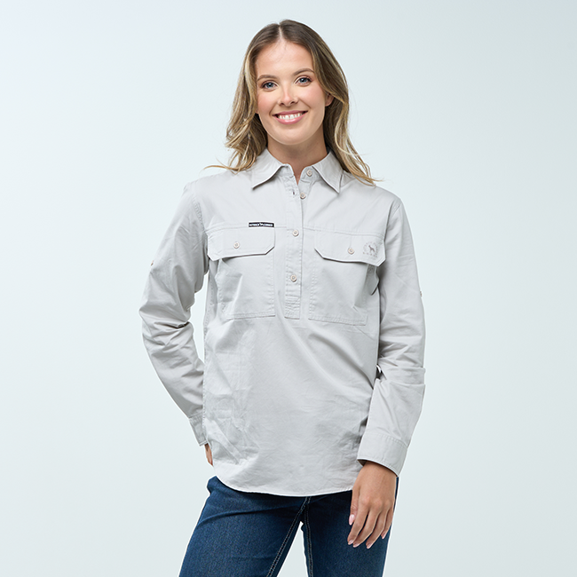 SOMERSET | Womens Half Button Long Sleeve Work Shirt - Ghost Gum Grey