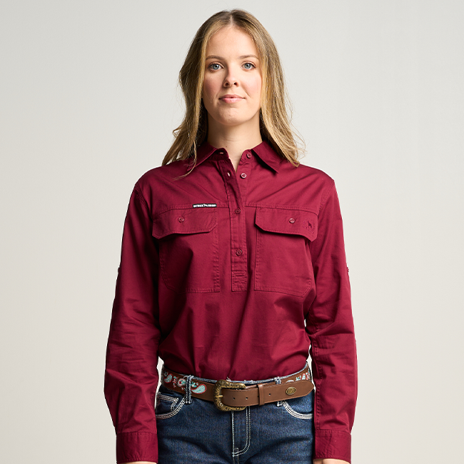 SOMERSET | Womens Half Button Long Sleeve Work Shirt - Burgundy Outback Cobber SOMERSET | Womens Half Button Long Sleeve Work Shirt - Burgundy Outback Cobber