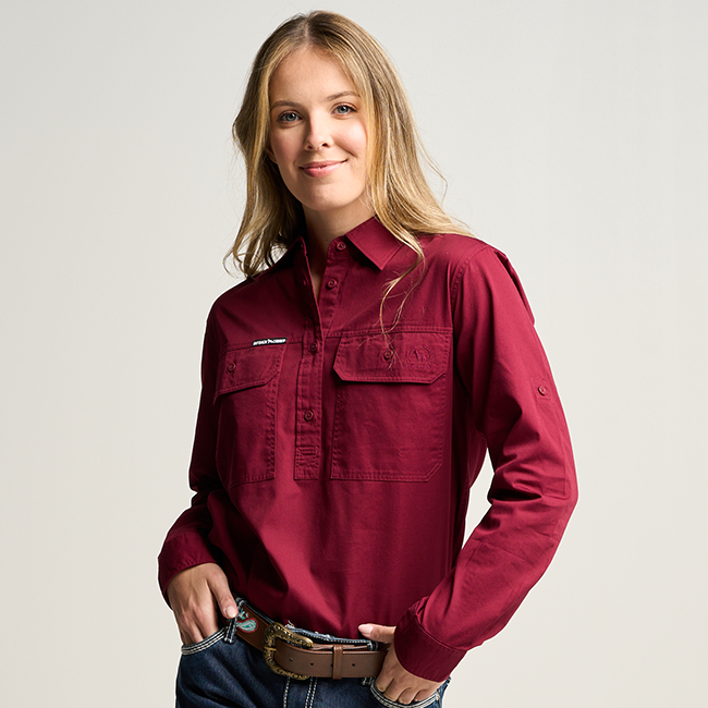 SOMERSET | Womens Half Button Long Sleeve Work Shirt - Burgundy