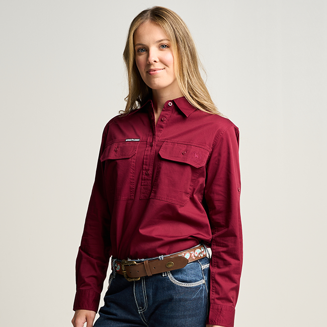 SOMERSET | Womens Half Button Long Sleeve Work Shirt - Burgundy