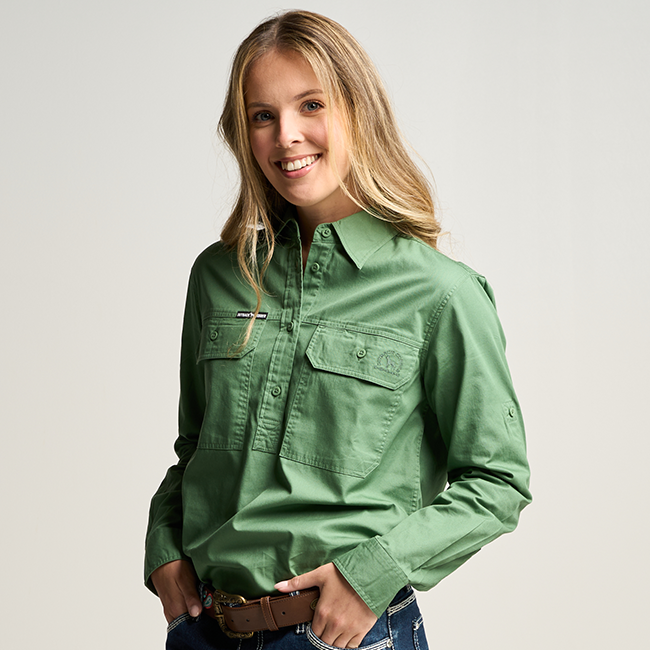 SOMERSET | Womens Half Button  Long Sleeve Work Shirt - Gum Leaf Green