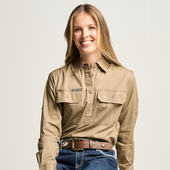 SOMERSET | Womens Half Button  Long Sleeve Work Shirt - Khaki