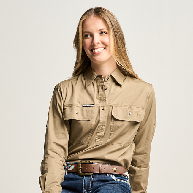 SOMERSET | Womens Half Button  Long Sleeve Work Shirt - Khaki