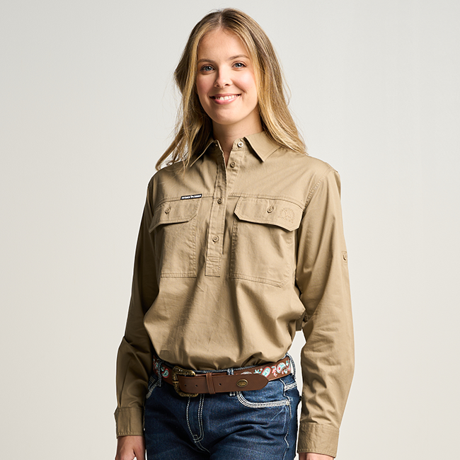 SOMERSET | Womens Half Button  Long Sleeve Work Shirt - Khaki