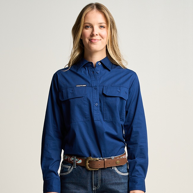 SOMERSET | Womens Half Button  Long Sleeve Work Shirt - Navy