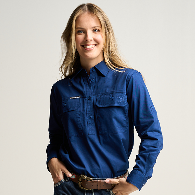 SOMERSET | Womens Half Button  Long Sleeve Work Shirt - Navy